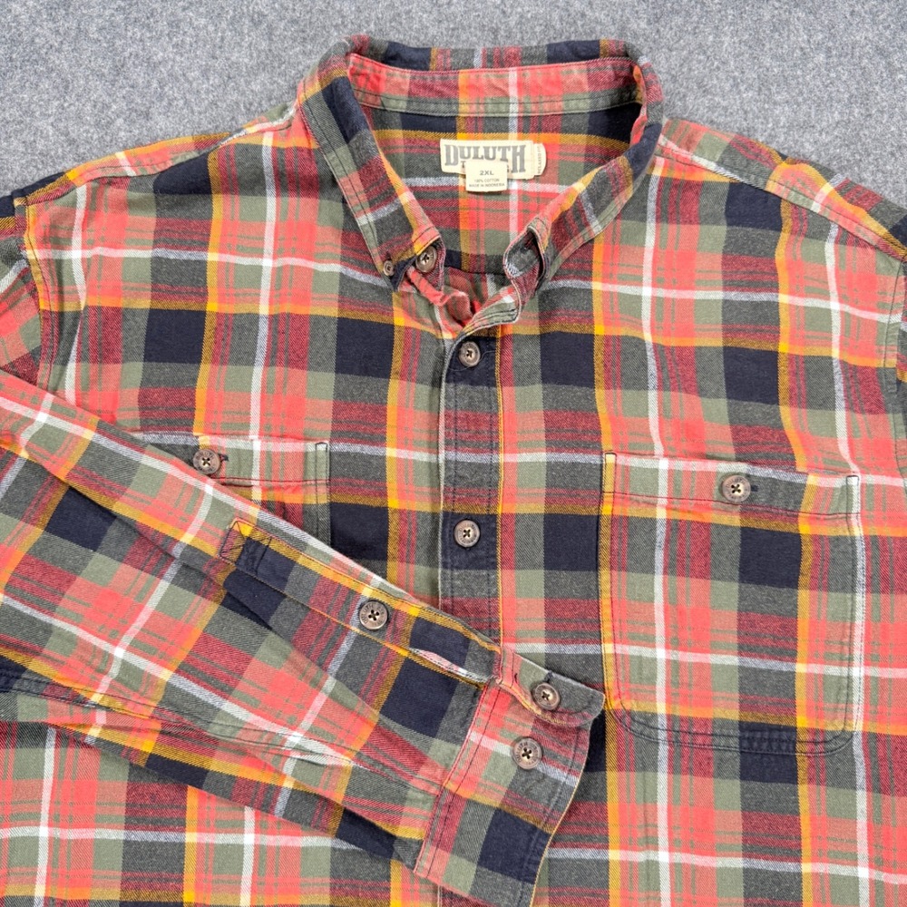 Duluth Trading Co Mens 2XL Relaxed Fit Flannel Shirt Plaid Red Green Cotton 3962